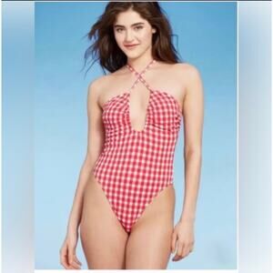 Wild Fable Women Red Gingham Retro/Pin Up 1 Piece High Cut Swimsuit Sz.Med NWOT